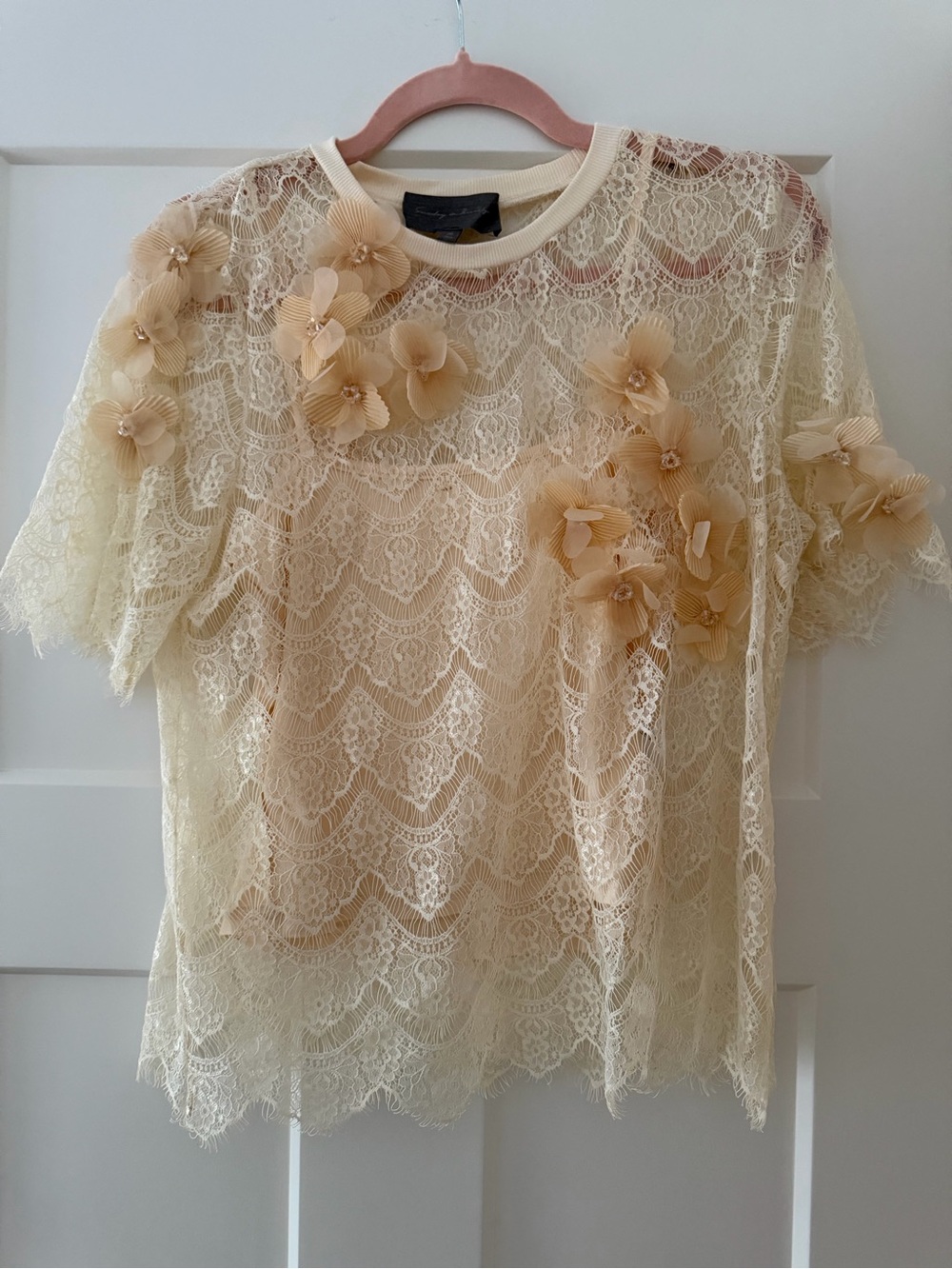 Sunday in Brooklyn Cream Lace Blouse with Beige Floral Appliqués